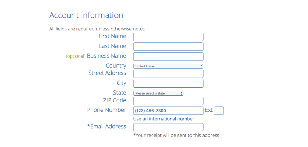 Account information for your WordPress blog at Bluehost