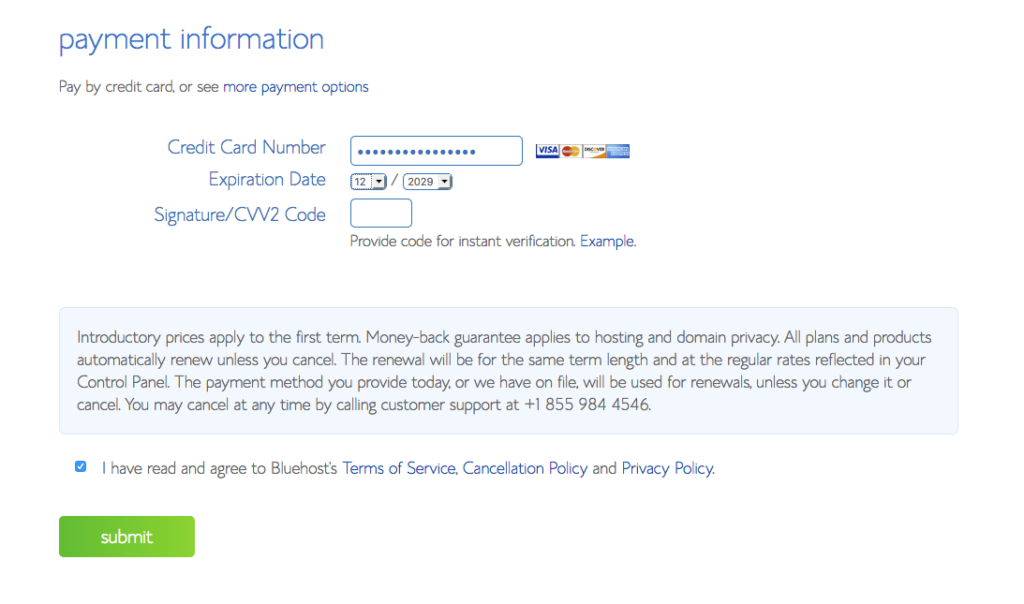 Payment information for your WordPress blog on Bluehost
